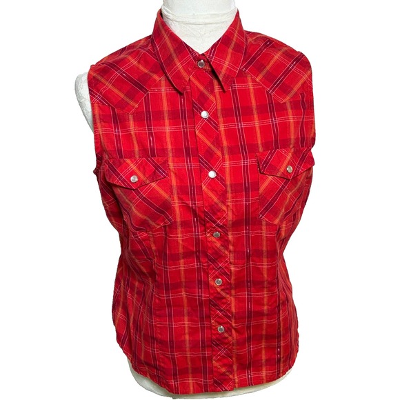 Roper Tops - Vtg ROPER Red Plaid Pearl Snap Western Shirt~Womens M~Sleeveless Cowgirl Rodeo